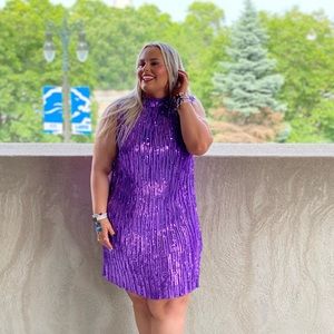 ASOS DESIGN high neck embellished mini dress in plisse sequin in purple